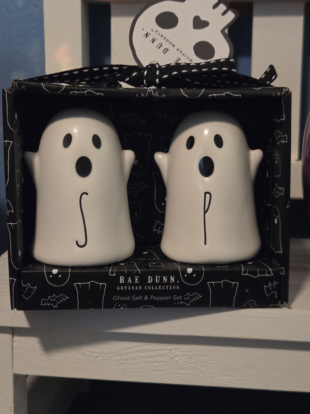 Rae Dunn White Ghost Salt & Pepper Set in Black Lettering